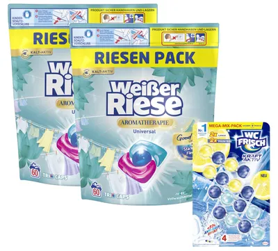 Produktbild von Weißer Riese Universal Trio-Caps A-Th. Lotus & Mandelöl, 1x 120 WL & WC FRISCH Kraft Aktiv Duftspüler Mix Lemon + Frische Brise, 1x 200g