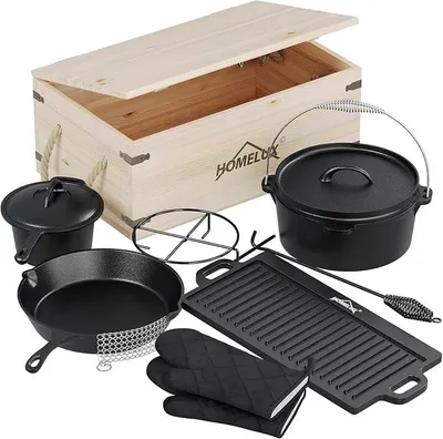 Imagen del producto de Juego de ollas de hierro fundido de 10 piezas, con caja de madera