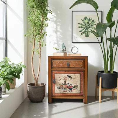 Produktbild von Chinesisches Nacht-Schränkchen asiatischer Nachttisch Kleiner Nacht-Schrank orientalische Schlafzimmer-Kommode Konsole braun-beige, komplett montiert