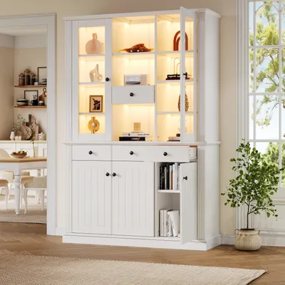 Obrázek produktu pro okwish Vitrína s barevným LED osvětlením a 4 zásuvkami, vysoká skříň s 21 úložnými přihrádkami a 5 dvířky, bílá