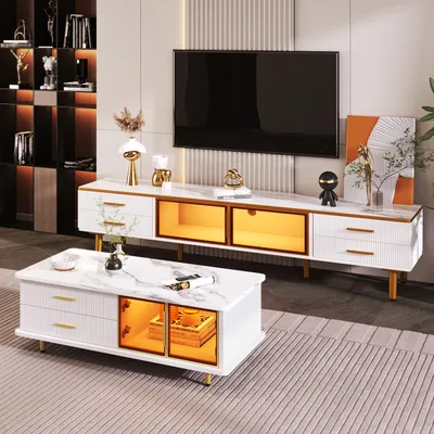 Image de MODFU Table Basse Moderne avec Éclairage LED Intégré, Plateau Marbré et Tiroirs Ondulés, Pieds Dorés, Table de Salon 120x60x45 cm, Blanc