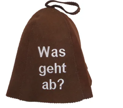 Produktbild von Saunahut mit " Was geht ab?" Stickerei, aus Filz (Filzkappe, Saunamütze) 100%Filz Profi