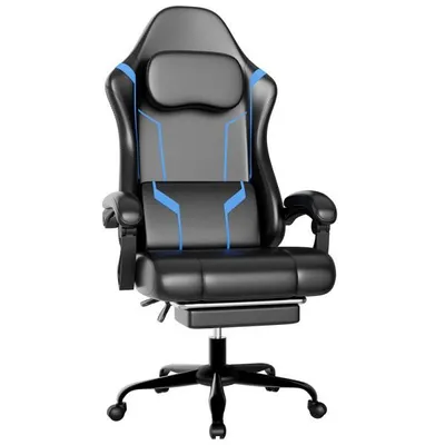 Produktbild von Ergonomischer Gaming-Stuhl – Computerstuhl – Videospielstuhl – Verstellbar – Federkernsitz mit Fußstütze – Belastbarkeit 159 kg – Blau/Schwarz