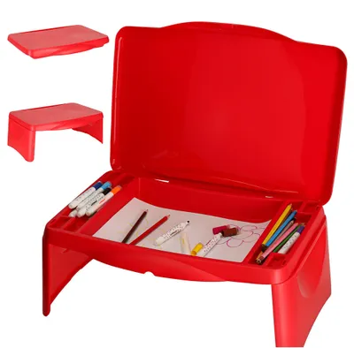 Immagine prodotto di Tavolino da auto portatile, pieghevole, per bambini, con vano portaoggetti, colore rosso