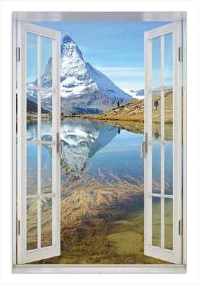 Produktbild von Wallario Wandbild mit Fenster-Illusion: Matterhorn - Spiegelung im See, Größe: 61 x 91,5 cm, Poster mit rahmenlosen Bildhalter