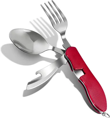 Imagen del producto de Juego de cubiertos para camping, 4 en 1, plegable, de acero inoxidable, que incluye cuchillo, tenedor, cuchara y abrebotellas, ideal para actividades al aire libre