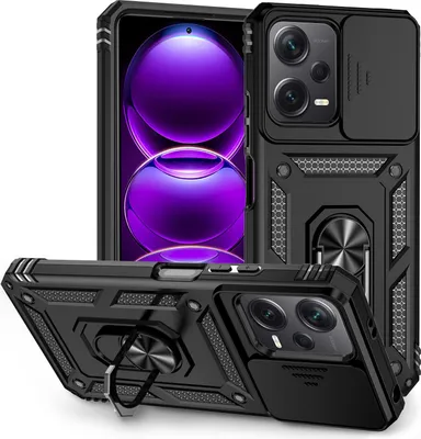 Image de Xiaomi Redmi Note 12 5G étui double couche avec couvercle coulissant pour l'appareil photo et support annulaire noir