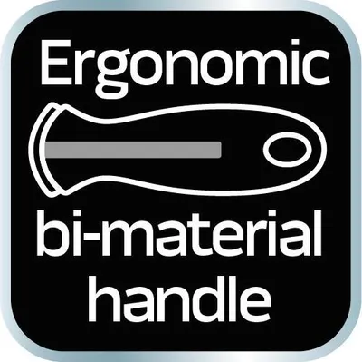 A graphic illustrating an ergonomic bi-material handle.