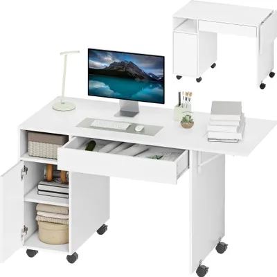 Produktbild von HOMCOM Rollbarer Computertisch klappbarer Schreibtisch mit Schrank und Schublade