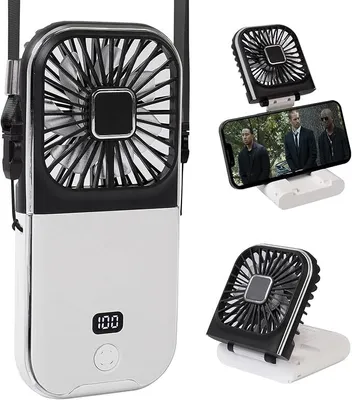 A collage of a portable fan and its use as a phone stand.