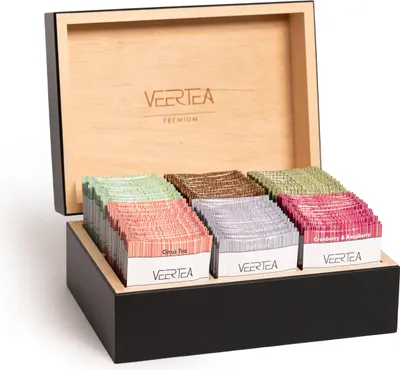 Produktbild von Veertea, Tee-Geschenkset in Holzbox, 6 Geschmacksrichtungen, 96 Beutel, Schwarz