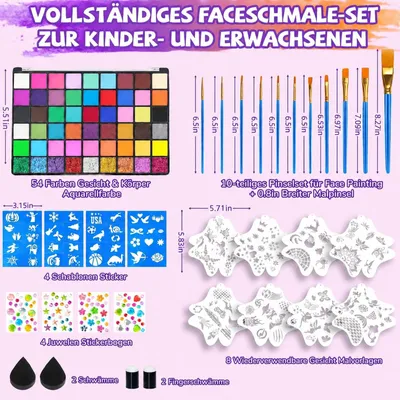 Productafbeelding van Kindermake-up set, 54 kleuren, waterbasis, 11 kwasten, 16 sjablonen, geschikt voor Halloween en carnaval