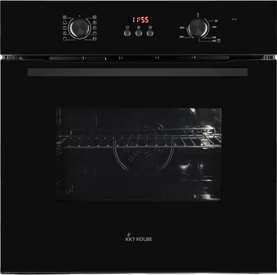 A black built-in oven with its door open, showing the interior and racks.