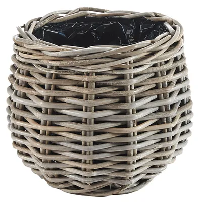 Produktbild von Kobolo Pflanzkorb Übertopf Boho geflochten Dm. 26cm BOTAN aus Rattan rund mit Folie ausgeschlagen kubu grey grau | Handgefertigt Blumentopf Wohnzimmer