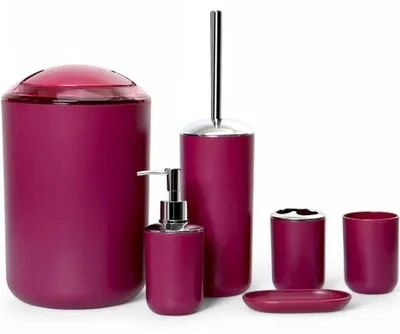 Produktbild von 6tlg Badset Badezimmer Zubehör Set Organizer: (Magenta Design 3) Seifenspender, Zahnputzbecher, Kosmetikeimer, WC Bürste, Seifenschale, Mülleimer