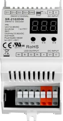 Produktbild von SR-2102DIN DMX512 und RDM Hutschienen Decoder 4-Kanal 5A pro Kanal 12-48V DC für RGBW LED Streifen