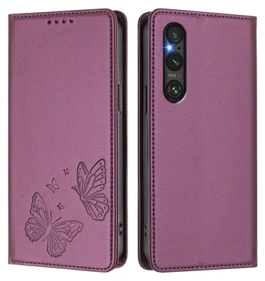 Image de Étui en cuir pour Sony Xperia 1 V, motif papillon, étui à rabat avec porte-appareil, violet