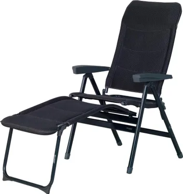 A black camping chair with an extended footrest, shown against a white background.