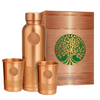 Produktbild von Amas Organics | 100 % Reines Kupfer-Geschenkset | Wasserflasche 950 Ml Mit 2 Bechern À 250 Ml | | Handgefertigt Und Einzigartig | Geschenk-Tipp