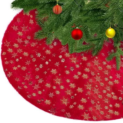 Image de Nappe ronde pour sapin de Noël, en peluche, de 122 cm de diamètre, de couleur rouge avec des motifs de flocons de neige