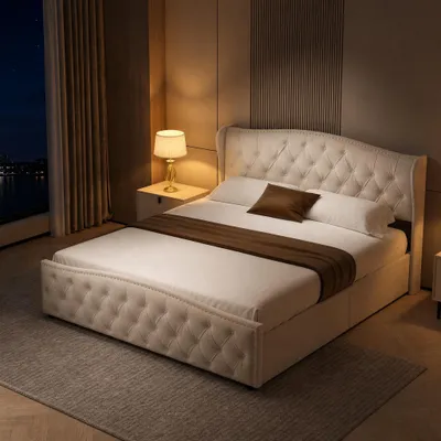 Image de UnboxG Lit rembourré avec espace de rangement, Lit double 140x200cm Boxspring avec sommier à lattes, Lit fonctionnel avec espace de rangement, Blanc