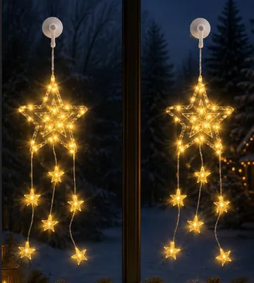Weihnachtslichter Fenster, 25 LED-Sterne, 2er-Set, Timer, Batterie