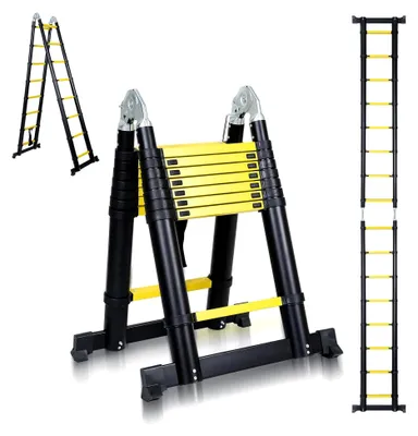 Produktbild von 5M Teleskopleiter Klappleiter Aluminium, Mehrzweckleiter Ausziehbar, max. 150 kg Belastbarkeit, Schwarz Gelb