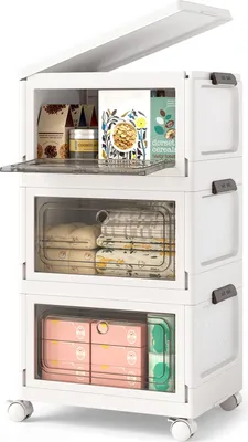 Image de COSTWAY 75 L Boîte de rangement avec couvercle pliable, Lot de 3 boîtes en plastique, Bac de rangement avec roulettes & portes, Bac gerbable, 41x31,5x72,5cm, Blanc