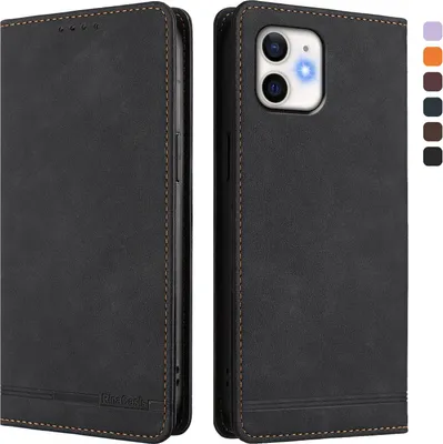 Produktbild von Hülle für iPhone 12/iPhone 12 Pro, Retro Kunstleder Ständer Klapphülle mit Kartenfächer und Magnetische Schwarz