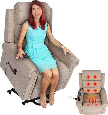A woman is sitting in a recliner chair with a remote control in her hand. A smaller image of a massage chair is shown to the right.