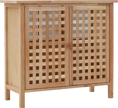 A wooden cabinet with two doors featuring a lattice design.