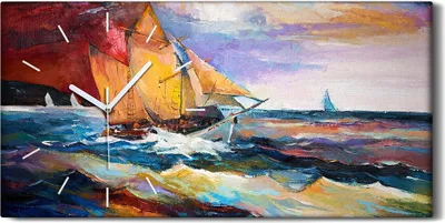 Produktbild von Wanduhr Uhr Wandbild Leinwand 60x30 Landschaft Ozean Schiff Meereswellen - weiße Hände