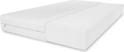 A white mattress is shown on a white background, with a cutaway revealing its internal foam structure.