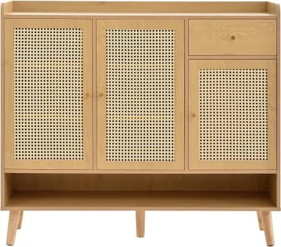 Produktbild von Natur Schuhschrank 120x35x106 cm Rattan Mit 3 Tueren 1 Schublade 5 Regalboeden Metallgriff Massivholzbeine Schuhkommode Flur Schrank Schuhregal