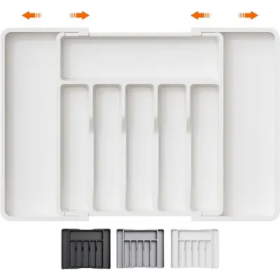 Produktbild von Besteckkasten für Küche, Ausziehbarer Besteckschublade 6-8 Fächer, Nützlicher Besteckeinsatz für Löffel, Gabeln, Messer, Weiß