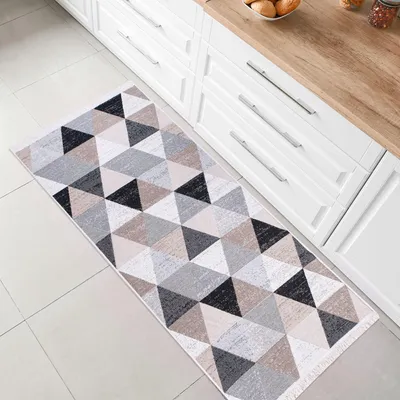 Produktbild von Kurzflor Teppich  Läufer - Boho Kelim Teppich, Wohnzimmerteppich, Schlafzimmer und Küchenteppich, Flur Teppich, 60 x 180 cm, Karo-Grau