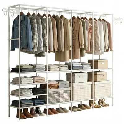 Produktbild von Verdego Kleiderschrankregal 4-Stöckig, Verstärkter Kleiderständer mit 4 Ablagen, 215 x 36 x 170 cm, Garderobenregal, Weiß