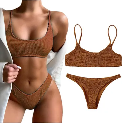 Zdjęcie produktu dla Strój kąpielowy dwuczęściowy bikini mocno wycięte khaki sexy do opalania S