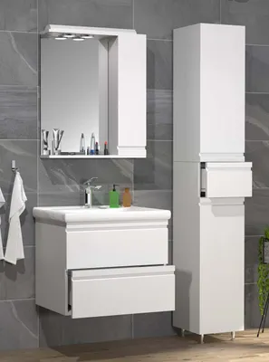 Produktbild von VCM 4-tlg. Waschplatz Waschtisch 60 cm Badmöbel Set Waschbecken grifflose Schublade Spiegelschrank Hochschrank Silora L