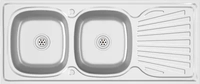 A top-down view of a stainless steel double sink with a draining board.