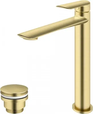 Immagine prodotto di Rubinetto da lavabo con bocca alta e scarico a scomparsa (tappo) oro spazzolato
