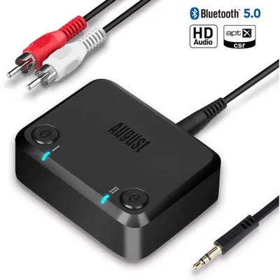 1Mii ML201 adapter voor stereo-installatie, Bluetooth 5.1-ontvanger met 3,5 mm AUX-tulpstuk, draadloze audio-ontvanger voor pc-luidsprekers met smartphones en tablets, 12 uur speeltijd, bass-modus