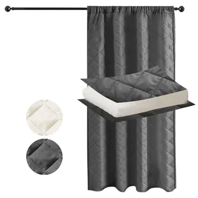 A gray quilted curtain is shown hanging from a rod, with a close-up inset showing the texture and layers of the curtain, and two circular swatches of different colors.