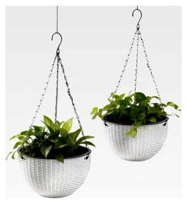 Produktbild von Blumenampel, 2er Set Hängeblumentöpfe 16,5 cm für Pflanzen, hängend für Innen und Außen mit rostfreien Ketten, Kunststoff Pflanzgefäß, Weiß