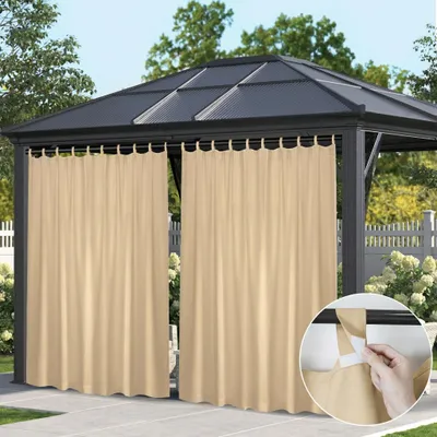 Produktbild von Outdoor Vorhang Wetterfest mit Klett-Schlaufen, B254xH244cm Extra Breite Blickdicht Sichtschutz Gardine für Balkon Pavillon, Beige