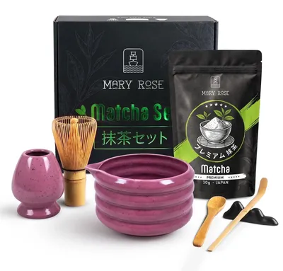 Produktbild von Mary Rose - Matcha Tee Geschenkset Japanische Premium 30g - Mit Violett Keramik Matchawan Schale Beri 500ml - Bambus Chasen, Chashaku & Halter