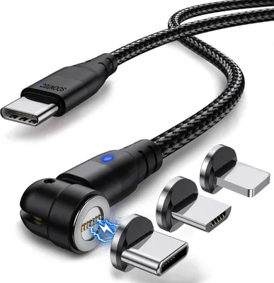 Produktbild von Magnet Ladekabel 2 Meter Fast Charge 60W PD SOONTEC Magnetladekabel mit 3 Stecker Micro USB+Typ C+Lightning Schnellladekabel iPhone, Samsung (Schwarz)