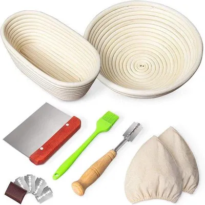 Produktbild von Famanu Gärkorb Set 20 cm rund & 25 cm oval - mit Linnenfütterung und Zubehör