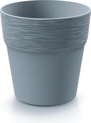 A gray plant pot is shown against a white background.