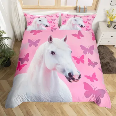 Zdjęcie produktu dla Komplet pościeli dla dziewczynki, motyw konik, 200x200 cm, różowo-biały, mikrofibra, 2 poszewki na poduszki
